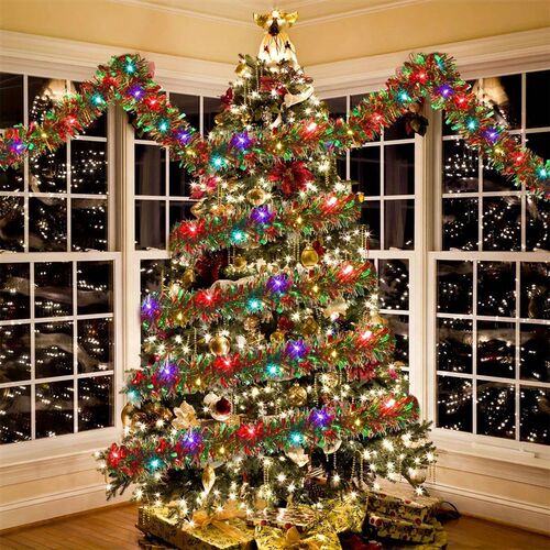 5M/16FT Christmas Tinsel Garland with LED Lights for Tree Ha