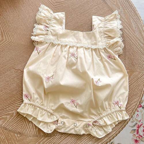 Newborn Baby Girls Jumpsuit Flying Sleeve Cotton Flower Embr