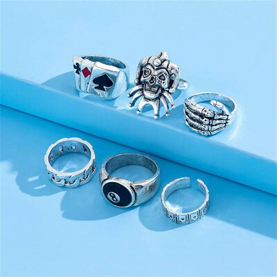 6Pcs Punk Poker Joker Silver Color Rings for Men Goth Skelet