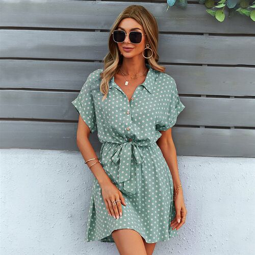 Beach Summer Shirt Dress Polka Dot Vintage High Waist Mini