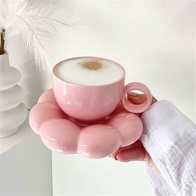 Pink Ceramic Coffee Cup Set Breakfast Flower Cups INS Style