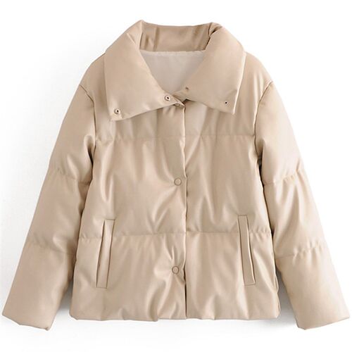 Women PU Leather Parkas Fashion High Set Solid Faxu Leather