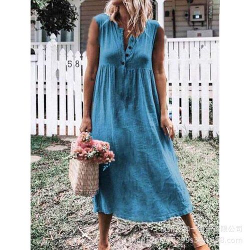 Womens Summer New Solid Color Dress Sleeveless Cotton Linen