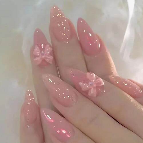 10Pcs Peach Blossom Fake Nails Press on Almond False Nails R