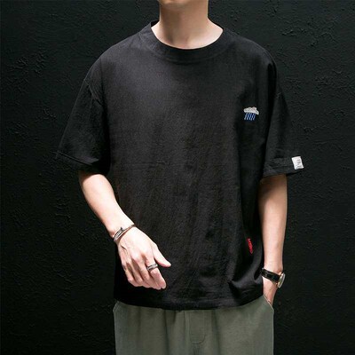 Summer youth retro cotton and linen short-sleeved mens loos