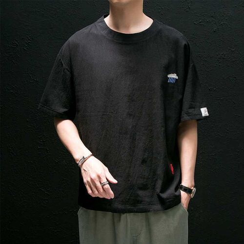 Summer youth retro cotton and linen short-sleeved mens loos