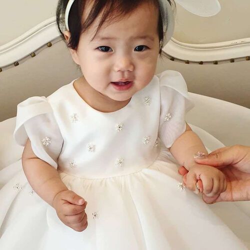 Childrens Dress One Year Old Baby Dress White Round Neck Sw
