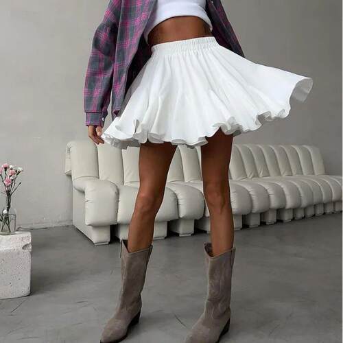 White Ruffles Pleated Mini Skirts For Women Summer Elegant W