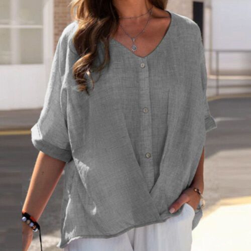 Summer Cotton Linen Tshirt Woman Button V-neck Pullover Shor