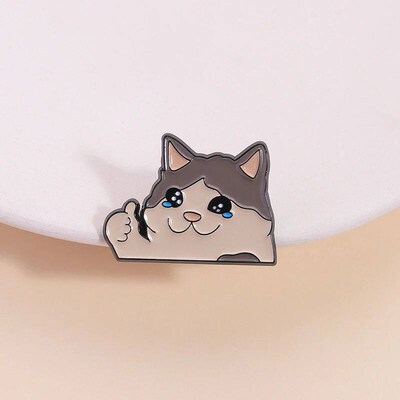 Thumb Up Crying Cat Enamel Pin Kawaii Humorous Animal Brooch