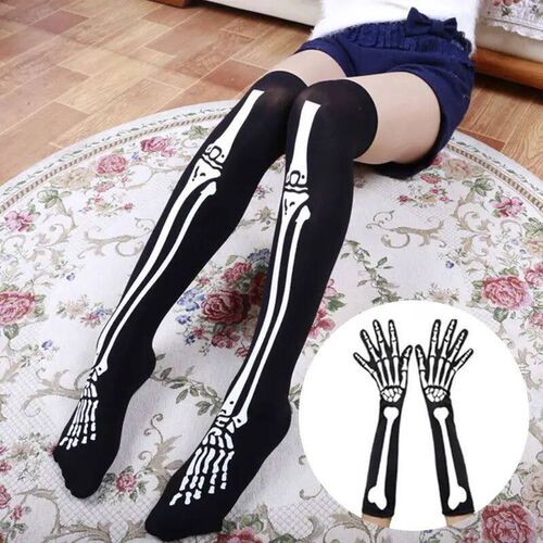 Womens Halloween Cosplay Skull Skeleton Bone Gloves Thigh Hi