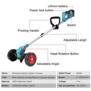 Drillpro 12/21V 1200W Electric Lawn Mower Li-ion Cordless Gr