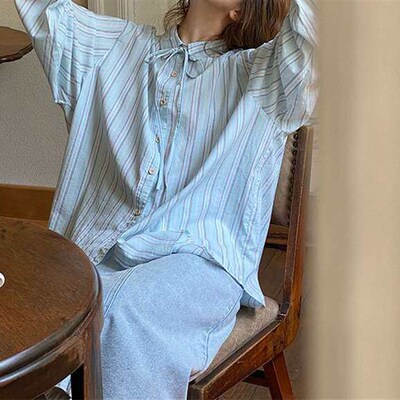 Sea Salt Blue Strap Striped Shirt Womens Loose College Styl