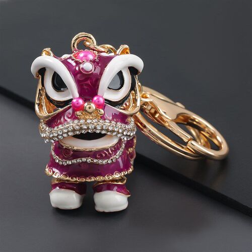 Chinese Style Alloy Enameled Diamond Lion Dance Keychain Met
