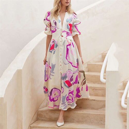 Spring New Womens Beach Dress Slim-fit Large Swing Long Dre