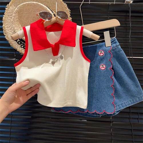 Childrens Clothing Sets Lapel Sleeveless Top + Flip Cherry