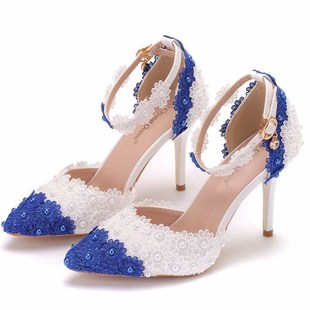 Crystal Queen Women Sandals High Heels White Blue Lace Weddi