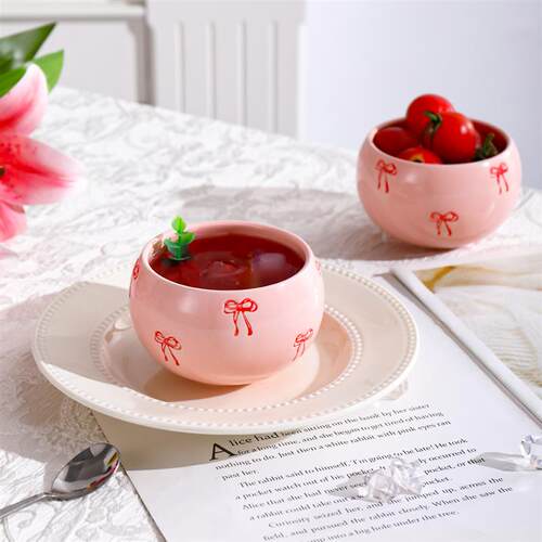 300ml Pink Bow Ball Latte Cup Ceramic Handheld Cup