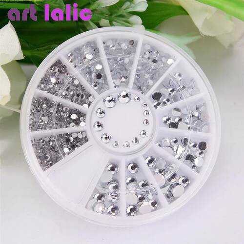 400Pcs Nail Rhinestones Set Silver round & Diamond Shapes 3D