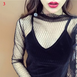 Black Sexy Womens T-shirt Fishnet Sheer Transparent Top Wom