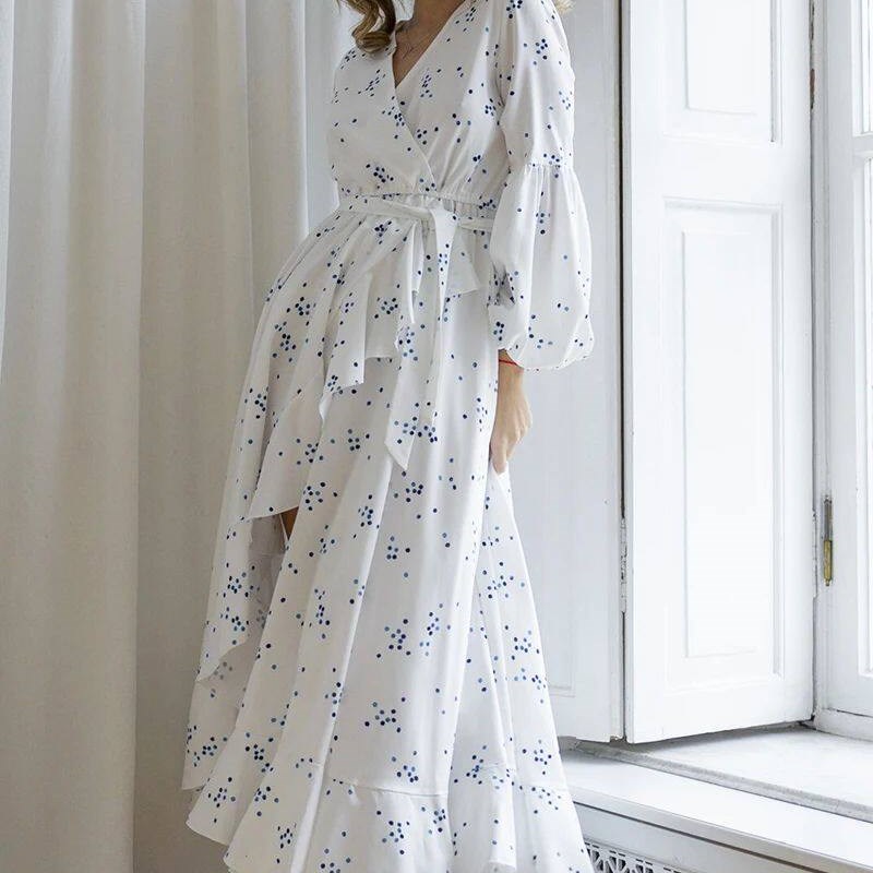 Boho White Polka Dot Long Sleeve Dresses Elegant Side Slit S图片