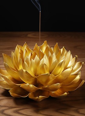 戴玉堂陶瓷金色帝王莲花线香插香座中式佛堂玄关装饰品手工花摆件