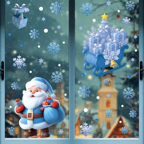 Christmas Window Stickers Winter Snowman Santa Claus Snowfla