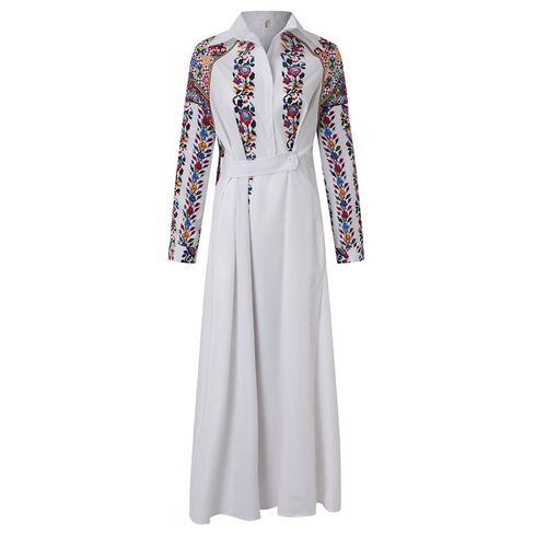 Elegant Ethnic Style Long Shirt Dress Lapel Flower Print