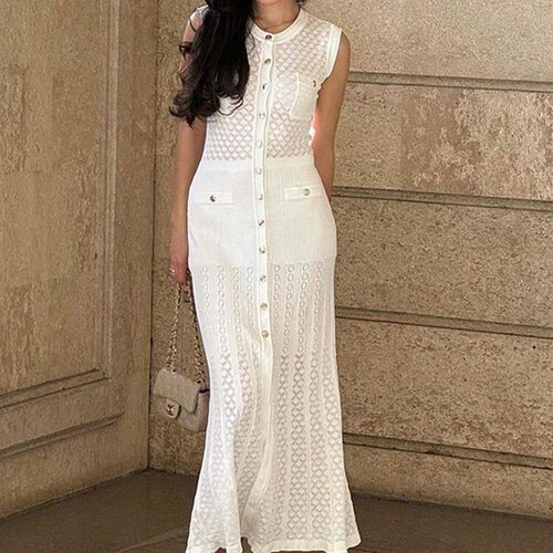 Summer Elegant Pocket Stripe Knitted Women Dress Chic O-neck