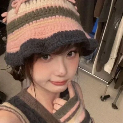 2023 Korean Autumn Winter Hand-crocheted 3D Bow Striped Retr