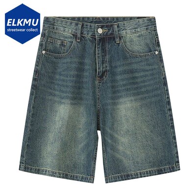 Men Vintage Blue Denim Shorts Summer Casual Loose Jeans Shor