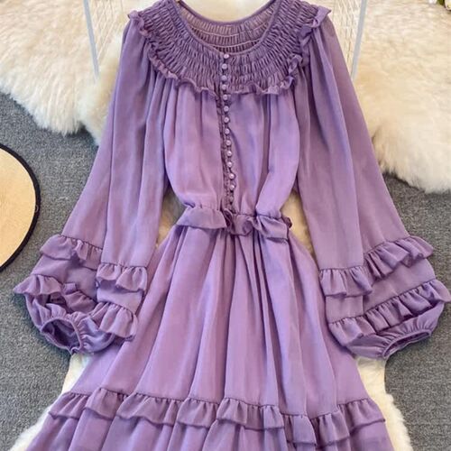 Fitaylor New Spring Autumn Lantern Sleeve Chiffon Dress Wome