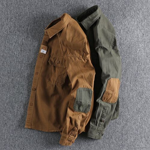 Sleeve patch washed grain woven cotton long sleeve shirt Men