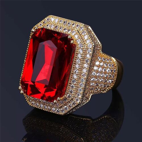 Hot Fashion Big Male Wide Red Zircon Stone Geometric Ring  Y