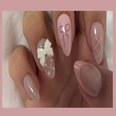 24pcs/set Pink Sweet Bow Press-on Nails - Apricot Glossy Ful