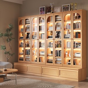 实木书柜带玻璃门樱桃木一体整墙展示柜卡座去客厅背景墙书柜