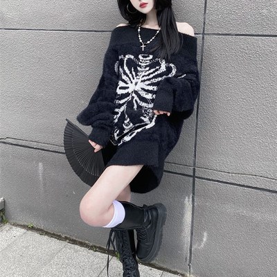 QWEEK Gothic Harajuku Skull Sweaters Womne Pullovers Y2k Got