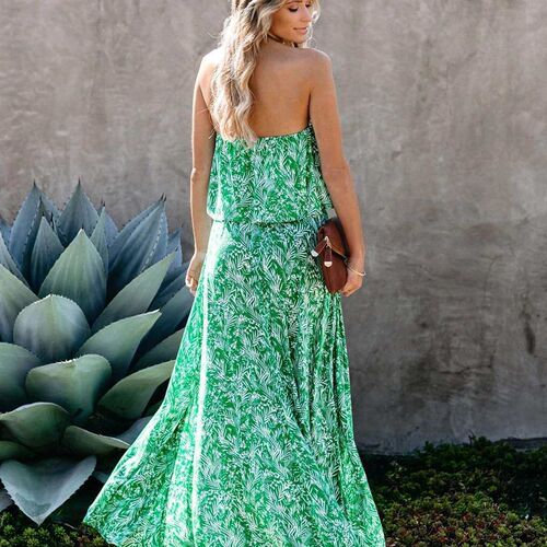 New Leaf Off Shoulder Ruffle Slit Dress