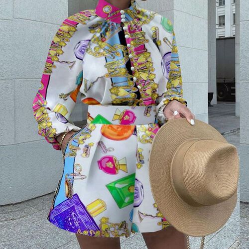 Shorts Suit Women Half High Neck Long Sleeve Fashion Vintage