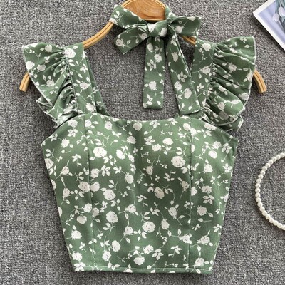 SINGREINY Summer Floral Strap Tops Women Square Neck Bow Ruf