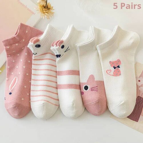 5 Pairs Womens Short Tube Socks Pink Cat Thin Four Seasons
