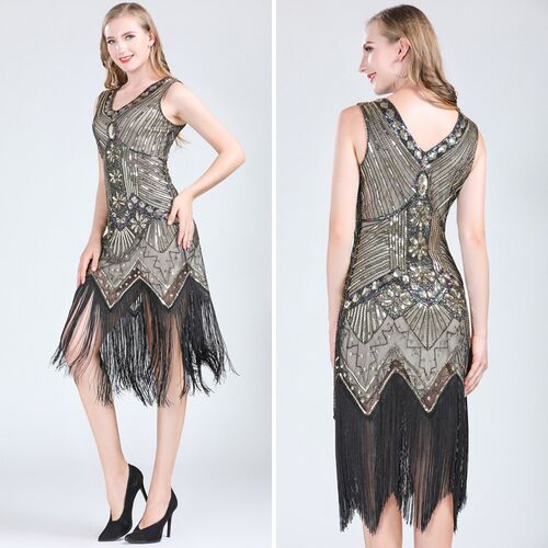 Women 1920s Vintage Great Gatsby Dress Double V-Neck Sleevel