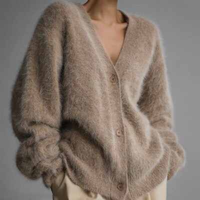 Mink Velvet V-neck Knitted Sweater Womens 2025 Loose Solid