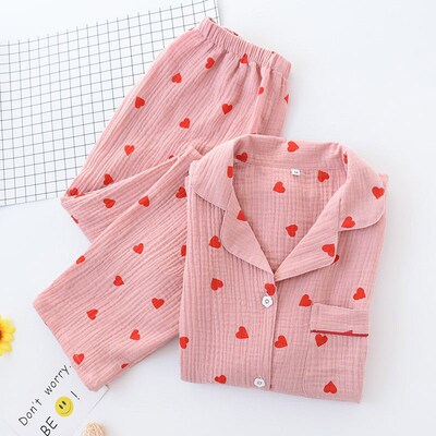 Voorjaar Nieuwe Dames Pyjama Set Hart Gedrukt Crpe Katoen