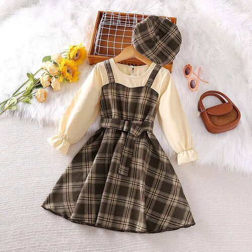 Dress Kids Girls 4-7 Years Brown Plaid Spliced Long-Sleeved