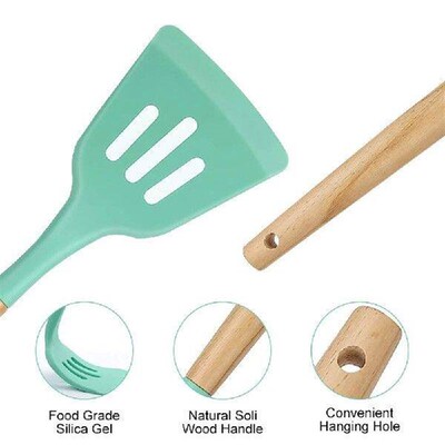 12Pcs Wooden Handle Silicone Kitchen Utensils With Storage