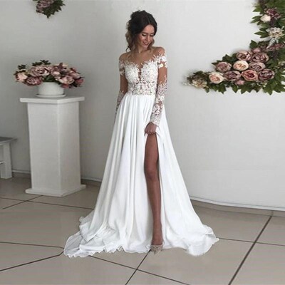 Lace Slit Wedding Dress 2020 Long Sleeves A-line Split Chiff