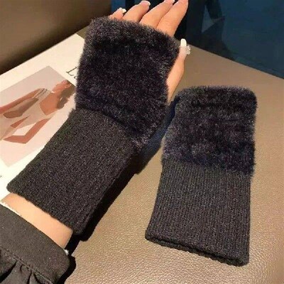 Women Solid Color Mink Fleece Gloves Soft Plush Fingerless