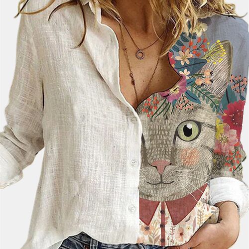 Fashion Loose Animal Cat Digital Print Women Shirt Autumn Of