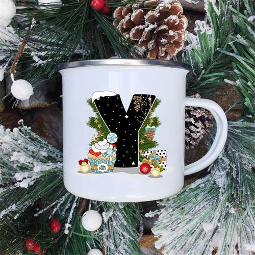 Cartoon Santa Christmas Tree Deer Alphabet Enamel Mugs New Y
